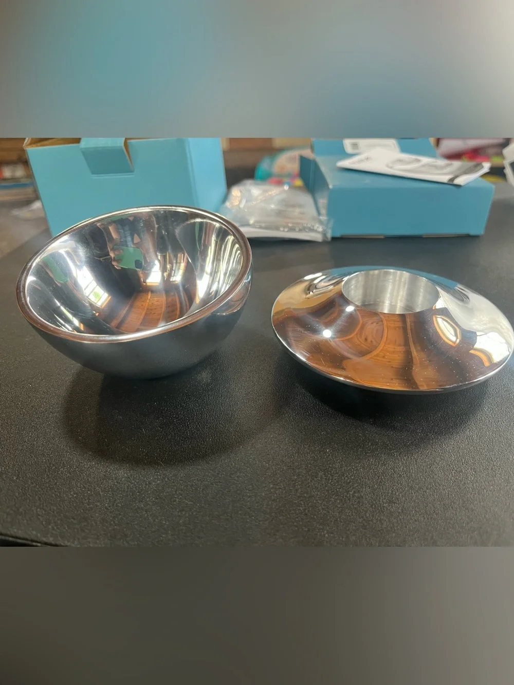 Set of 2 NAMBE’ items. Bowl and candleholder. Silver tone. Pre-owned